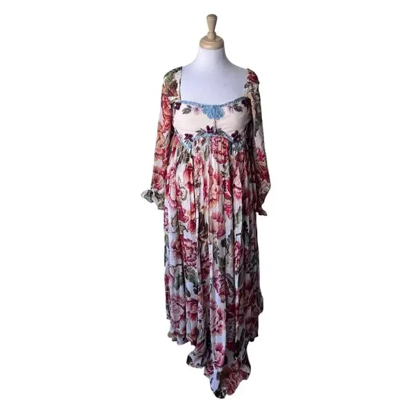 FREE PEOPLE Timeless Tapestry Maxi Dress Handkerchief Hem Boho Large NWT - Picture 4 of 13